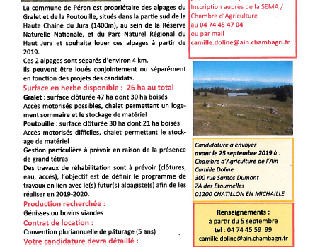 Annonce de la Chambre d’Agriculture de l’Ain – ALPAGE A LOUER Annonce de la Chambre d’Agriculture de l’Ain – ALPAGE A LOUER